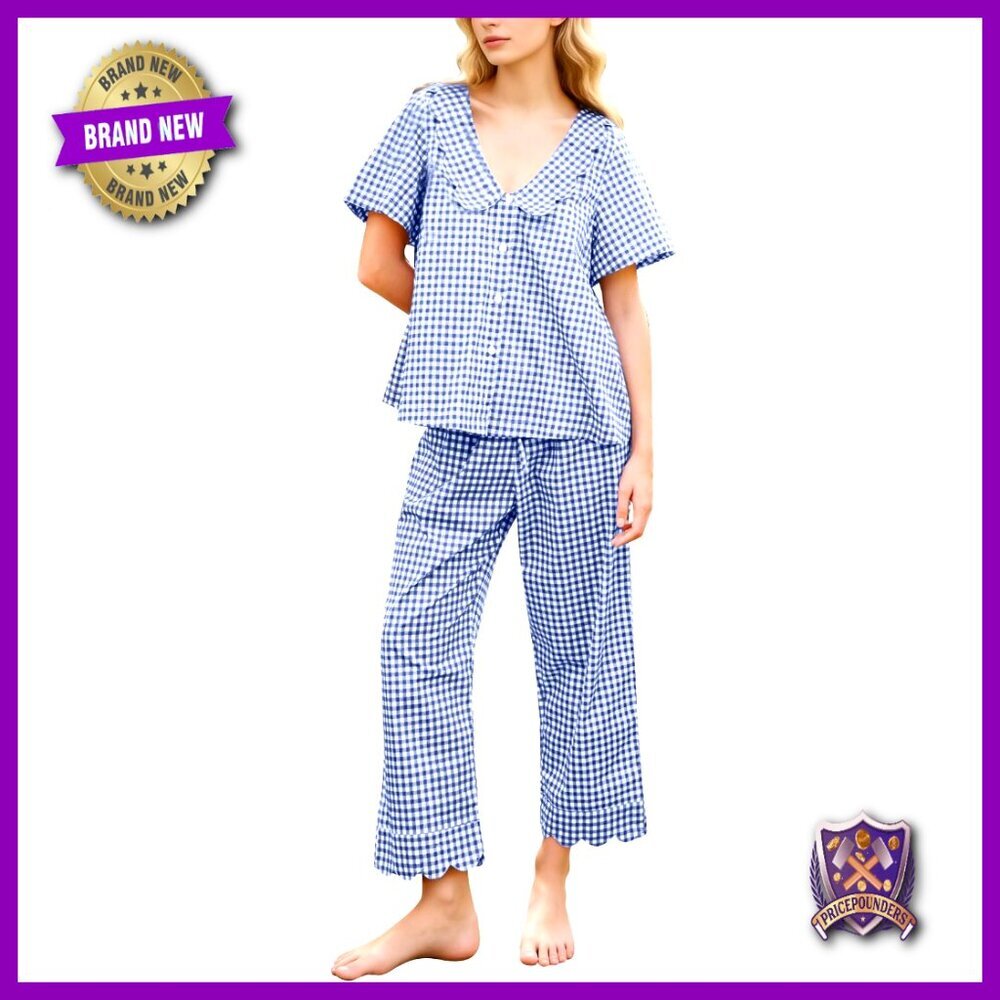 Cotton Pajama Set with Ruffle Trim, Gingham Plaid, Babydoll Style